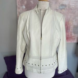 Doncaster Sport Ivory Cream Studded Leather Jacket with mesh like detail S 16 💐